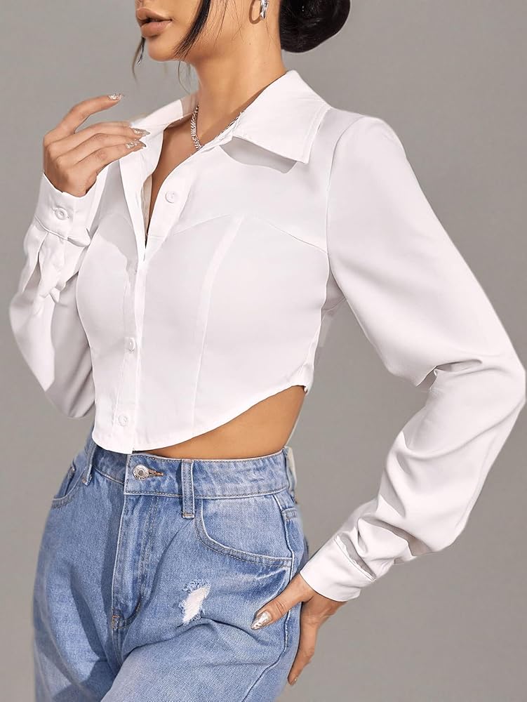 Verdusa Women's Asymmetrical Long Sleeve Button Down Shirt